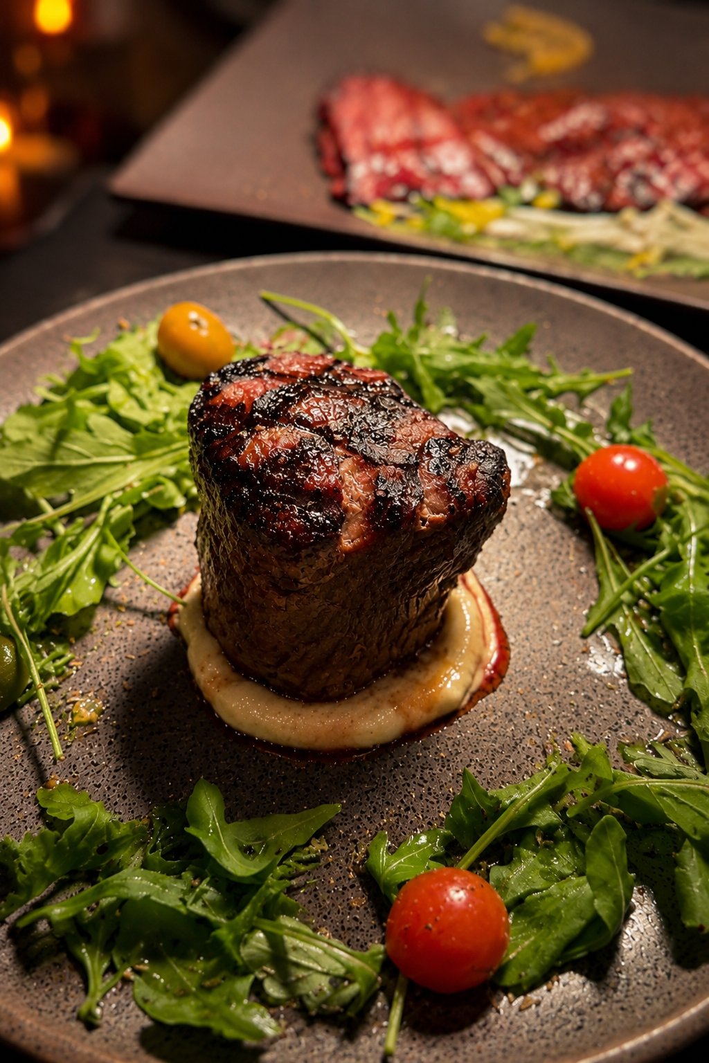 Char-crusted filet mignon over potato purée with arugula and heirloom cherry tomatoes at Renzo's St. Pete