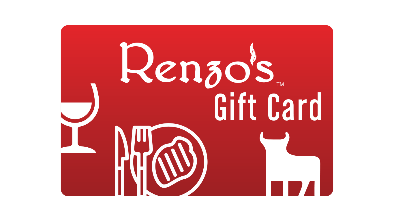 Renzo's gift card — red card with a wine glass, a grilled steak on a plate, and a bull